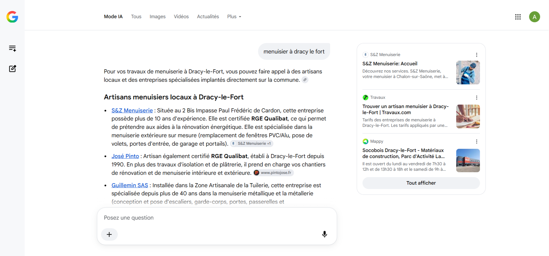 S&Z Menuiserie recommandé par le mode IA de Google