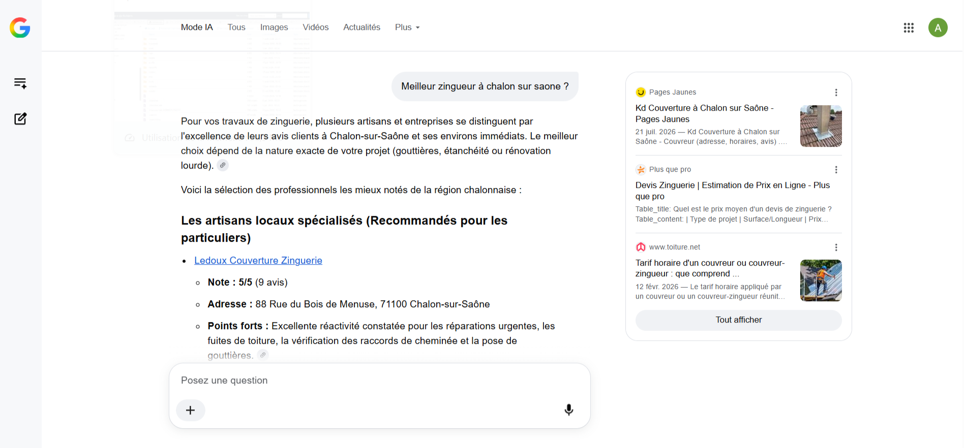 Ledoux Couverture recommandé par le mode IA de Google